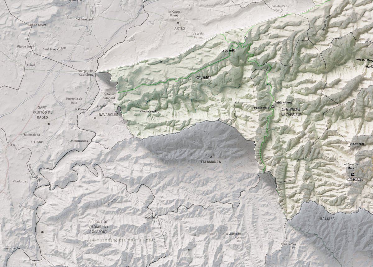 Mapa de relleu del Moianès, amb el territori en color i l’entorn en blanc. Detall de la part inferior esquerra. 50 × 70 cm. Estil Cartogràfic.