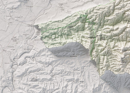 Mapa de relleu del Moianès, amb el territori en color i l’entorn en blanc. Detall de la part inferior esquerra. 50 × 70 cm. Estil Cartogràfic.
