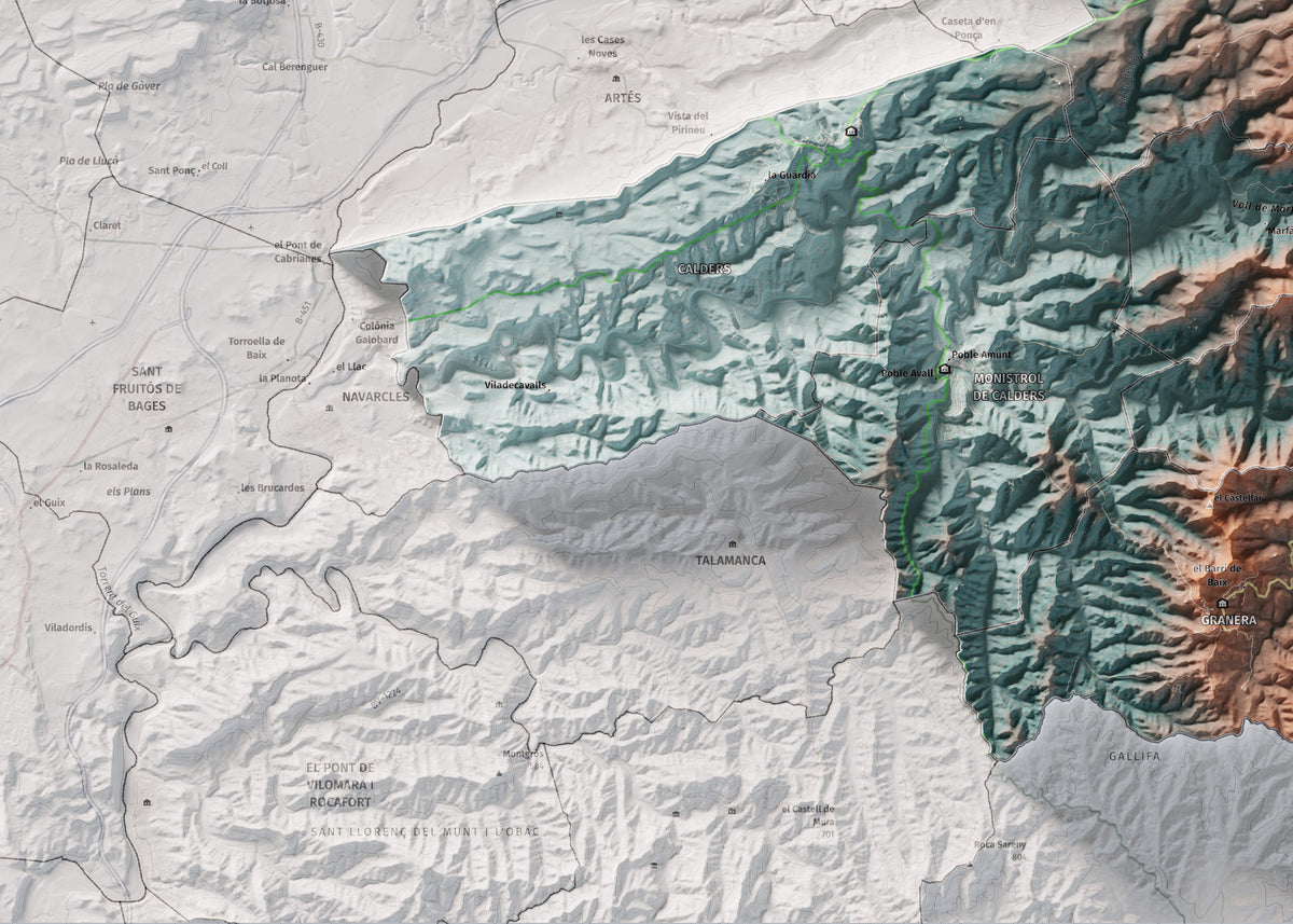 Mapa de relleu del Moianès, amb el territori en color i l’entorn en blanc. Detall de la part inferior esquerra. 50 × 70 cm. Estil Blau i taronja.