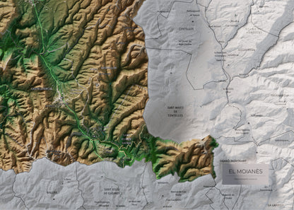 Mapa de relleu del Moianès, amb el territori en color i l’entorn en blanc. Detall de la part inferior dreta. 50 × 70 cm. Estil Clàssic.