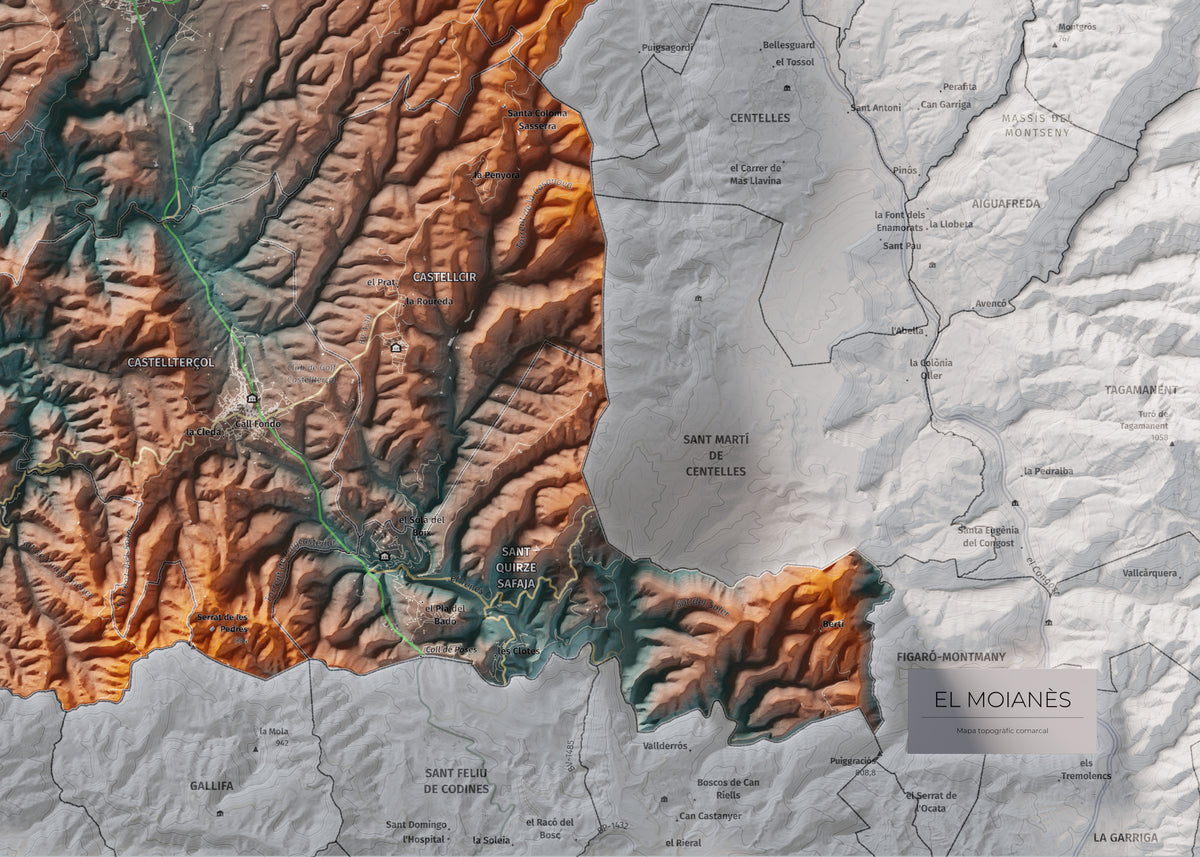 Mapa de relleu del Moianès, amb el territori en color i l’entorn en blanc. Detall de la part inferior dreta. 50 × 70 cm. Estil Blau i taronja.