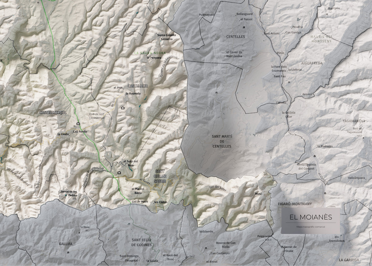 Mapa de relleu del Moianès, amb el territori en color i l’entorn en blanc. Detall de la part inferior dreta. 50 × 70 cm. Estil Cartogràfic.