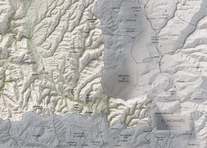 Mapa de relleu del Moianès, amb el territori en color i l’entorn en blanc. Detall de la part inferior dreta. 50 × 70 cm. Estil Cartogràfic.