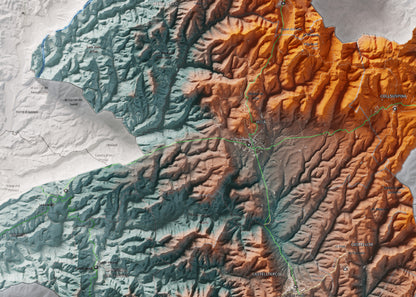 Mapa de relleu del Moianès, amb el territori en color i l’entorn en blanc. Detall de la part central. 50 × 70 cm. Estil Blau i taronja.