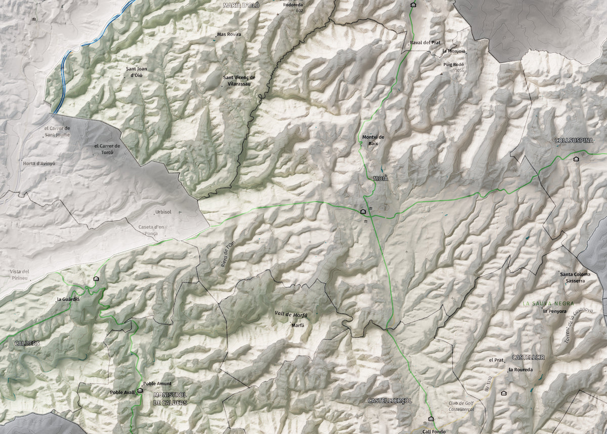 Mapa de relleu del Moianès, amb el territori en color i l’entorn en blanc. Detall de la part central. 50 × 70 cm. Estil Cartogràfic.