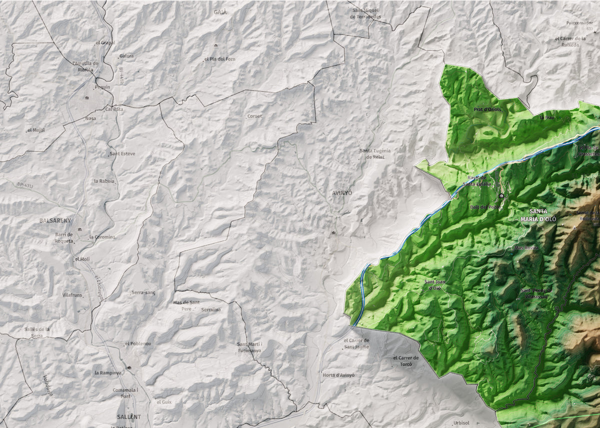 Mapa de relleu del Moianès, amb el territori en color i l’entorn en blanc. Detall de la part superior esquerra. 50 × 70 cm. Estil Clàssic.