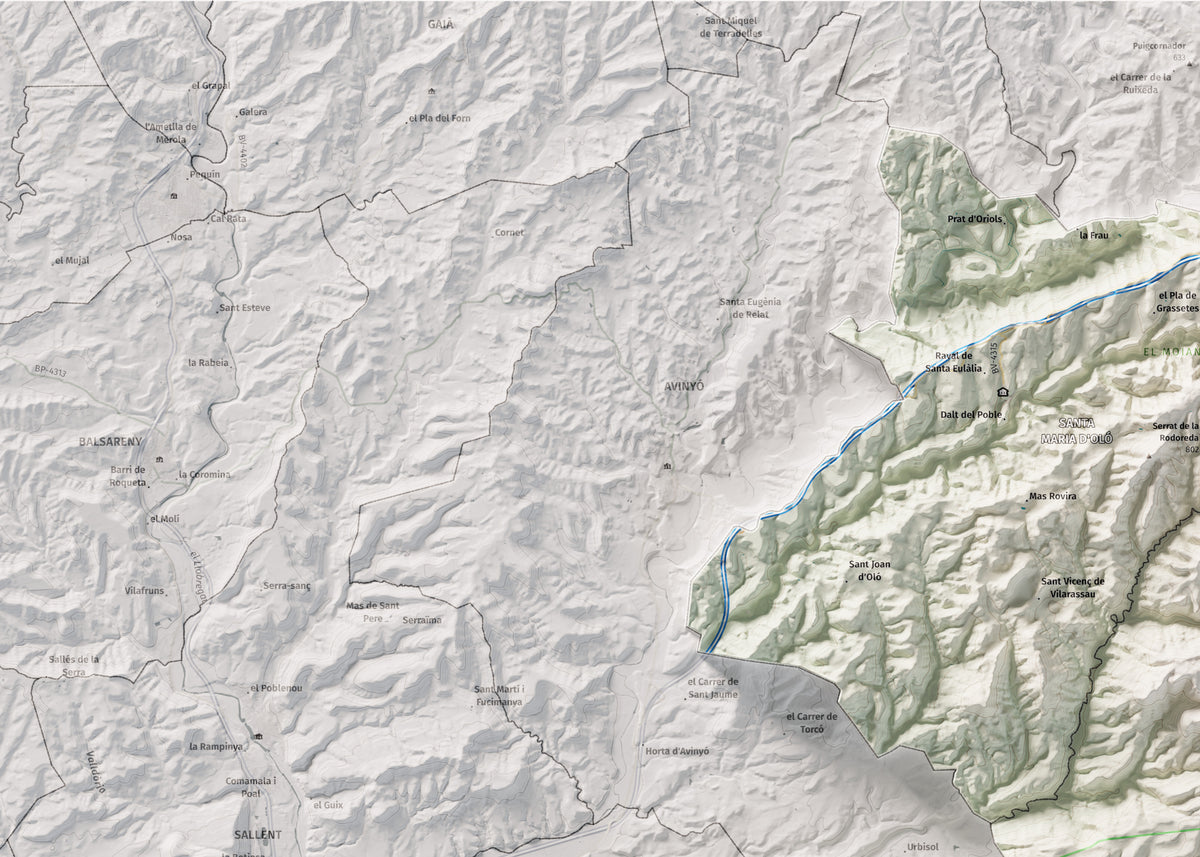 Mapa de relleu del Moianès, amb el territori en color i l’entorn en blanc. Detall de la part superior esquerra. 50 × 70 cm. Estil Cartogràfic.