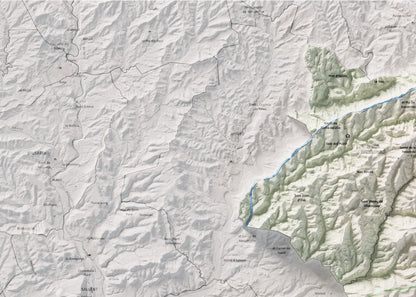 Mapa de relleu del Moianès, amb el territori en color i l’entorn en blanc. Detall de la part superior esquerra. 50 × 70 cm. Estil Cartogràfic.