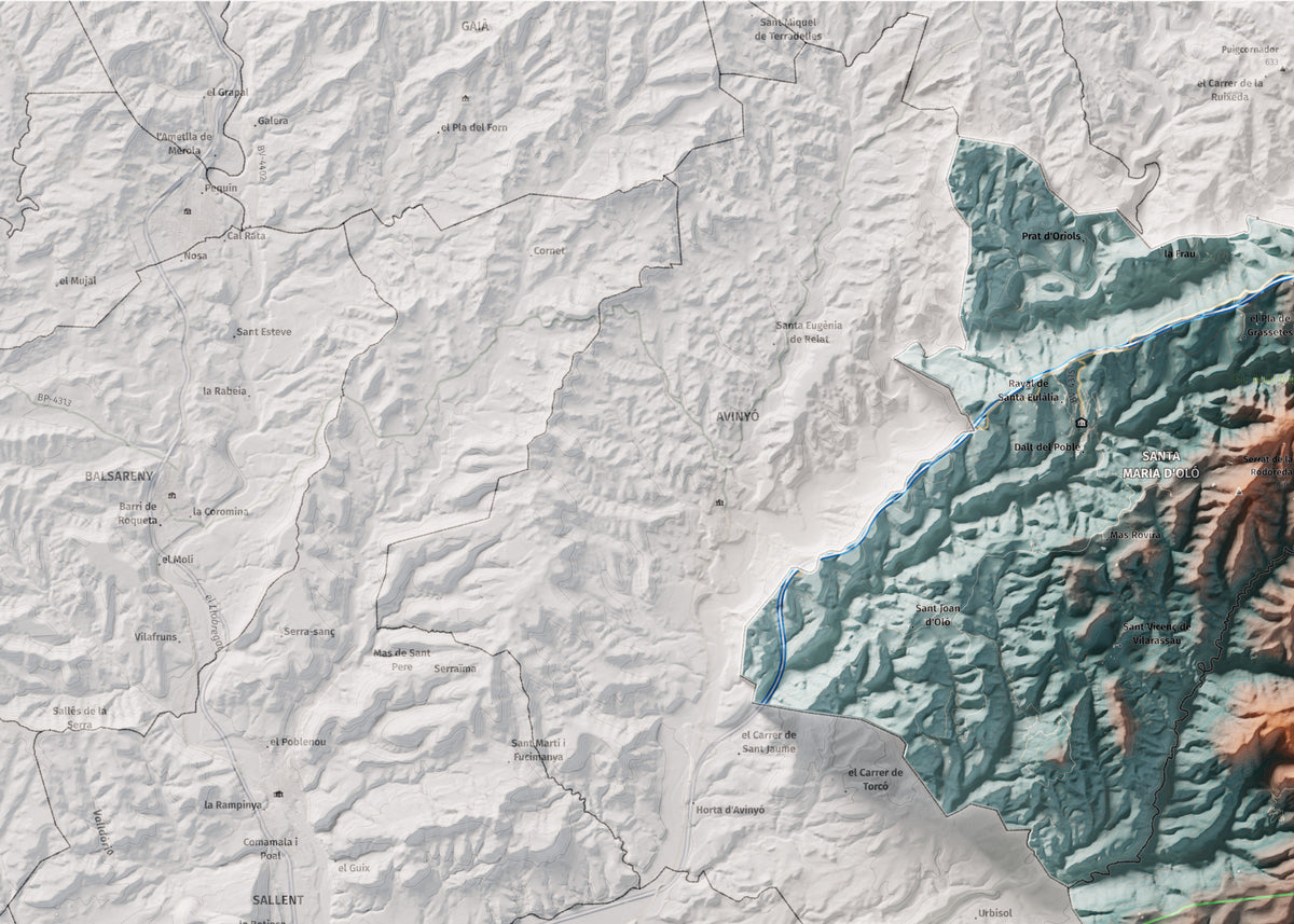 Mapa de relleu del Moianès, amb el territori en color i l’entorn en blanc. Detall de la part superior esquerra. 50 × 70 cm. Estil Blau i taronja.