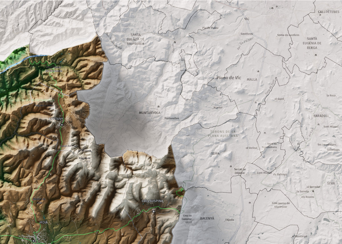 Mapa de relleu del Moianès, amb el territori en color i l’entorn en blanc. Detall de la part superior dreta. 50 × 70 cm. Estil Clàssic.