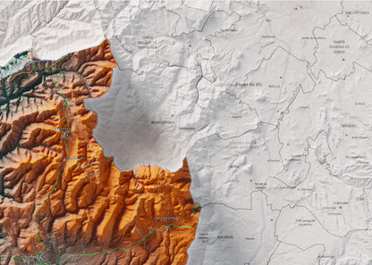 Mapa de relleu del Moianès, amb el territori en color i l’entorn en blanc. Detall de la part superior dreta. 50 × 70 cm. Estil Blau i taronja.