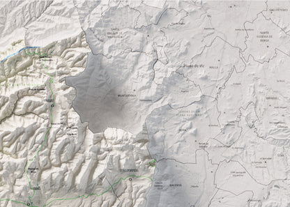 Mapa de relleu del Moianès, amb el territori en color i l’entorn en blanc. Detall de la part superior dreta. 50 × 70 cm. Estil Cartogràfic.