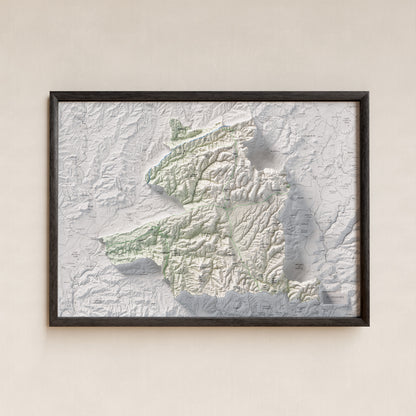 Mapa de relleu del Moianès, amb el territori en color i l’entorn en blanc. Presentació amb marc. 50 × 70 cm. Estil Cartogràfic.