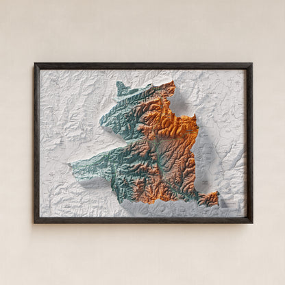 Mapa de relleu del Moianès, amb el territori en color i l’entorn en blanc. Presentació amb marc. 50 × 70 cm. Estil Blau i taronja.