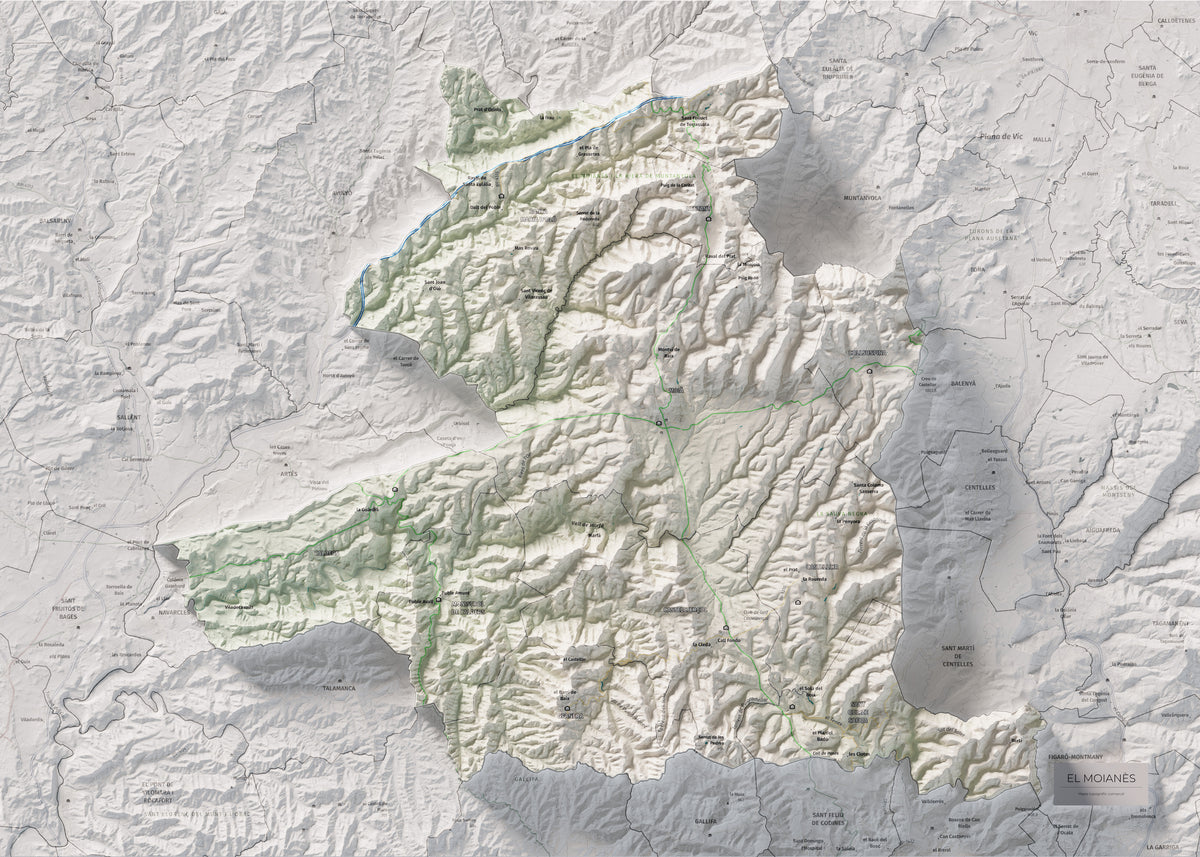 Mapa de relleu del Moianès, amb el territori en color i l’entorn en blanc. Vista completa de la làmina. 50 × 70 cm. Estil Cartogràfic.