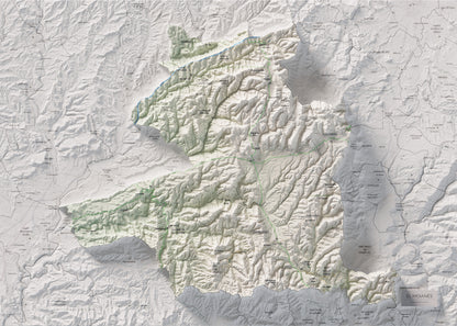 Mapa de relleu del Moianès, amb el territori en color i l’entorn en blanc. Vista completa de la làmina. 50 × 70 cm. Estil Cartogràfic.