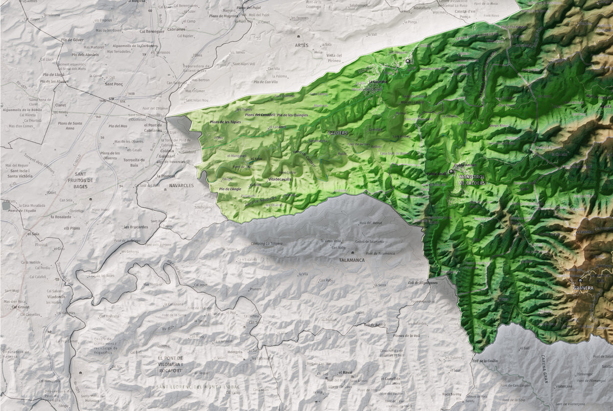Mapa de relleu del Moianès, amb el territori en color i l’entorn en blanc. Detall de la part inferior esquerra. 61 × 91 cm. Estil Clàssic.