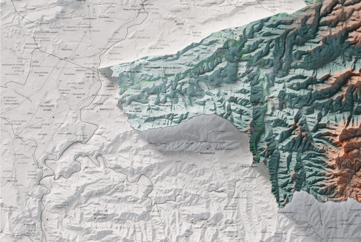Mapa de relleu del Moianès, amb el territori en color i l’entorn en blanc. Detall de la part inferior esquerra. 61 × 91 cm. Estil Blau i taronja.