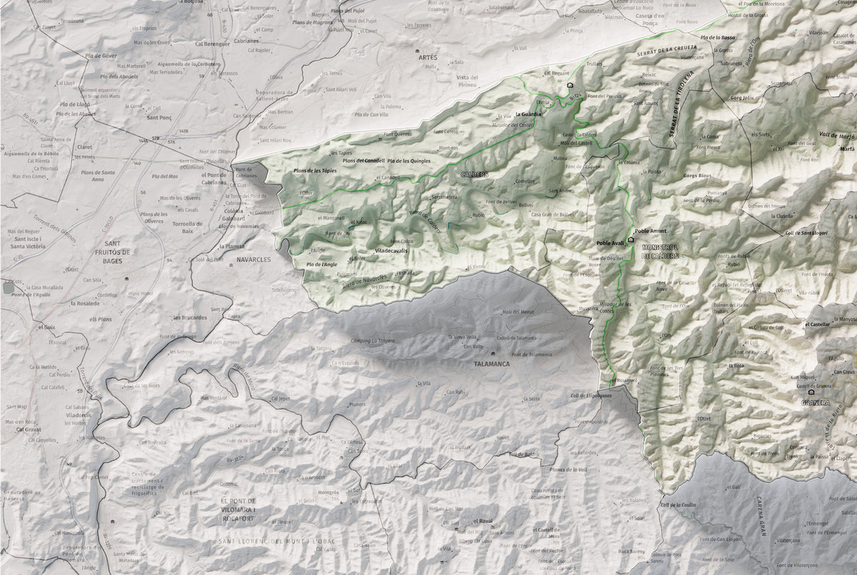 Mapa de relleu del Moianès, amb el territori en color i l’entorn en blanc. Detall de la part inferior esquerra. 61 × 91 cm. Estil Cartogràfic.