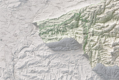 Mapa de relleu del Moianès, amb el territori en color i l’entorn en blanc. Detall de la part inferior esquerra. 61 × 91 cm. Estil Cartogràfic.
