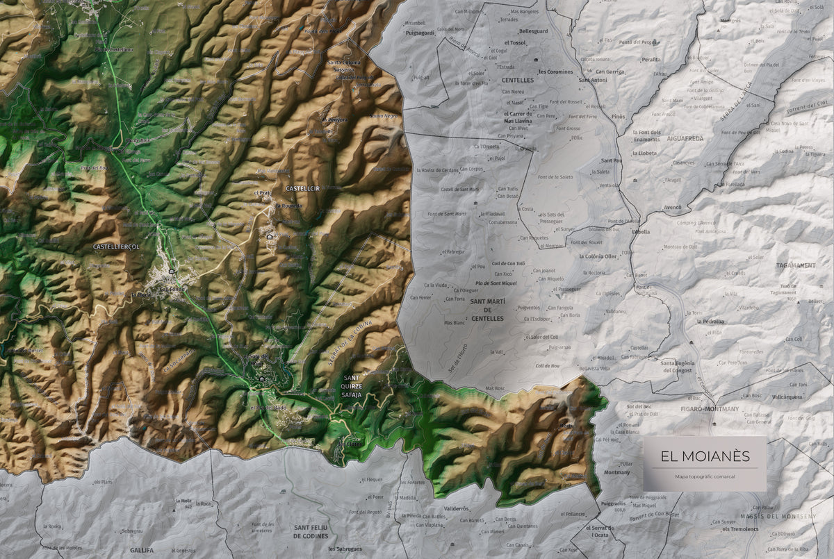 Mapa de relleu del Moianès, amb el territori en color i l’entorn en blanc. Detall de la part inferior dreta. 61 × 91 cm. Estil Clàssic.