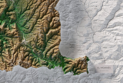 Mapa de relleu del Moianès, amb el territori en color i l’entorn en blanc. Detall de la part inferior dreta. 61 × 91 cm. Estil Clàssic.