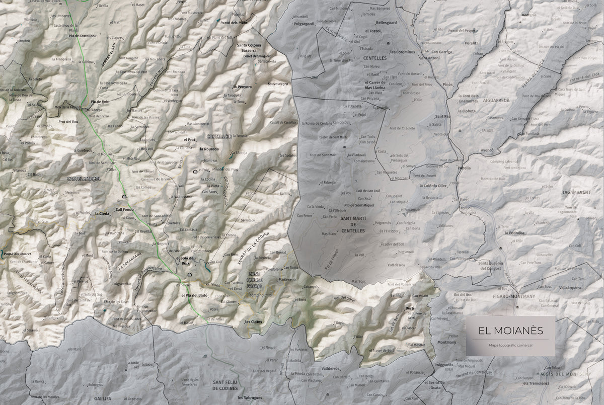 Mapa de relleu del Moianès, amb el territori en color i l’entorn en blanc. Detall de la part inferior dreta. 61 × 91 cm. Estil Cartogràfic.