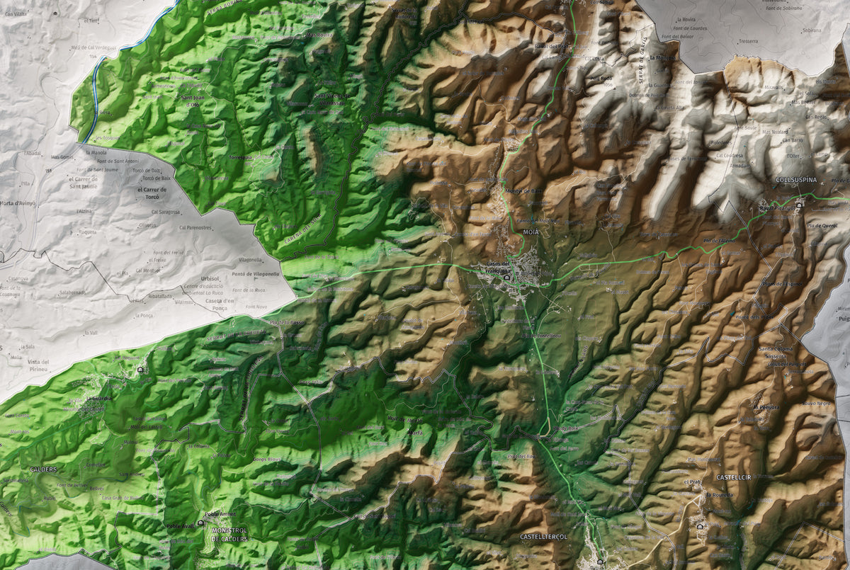 Mapa de relleu del Moianès, amb el territori en color i l’entorn en blanc. Detall de la part central. 61 × 91 cm. Estil Clàssic.