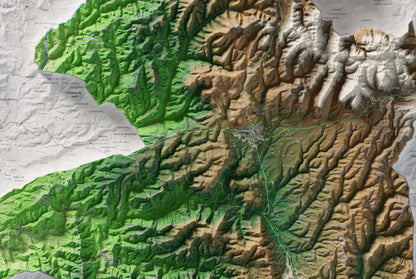Mapa de relleu del Moianès, amb el territori en color i l’entorn en blanc. Detall de la part central. 61 × 91 cm. Estil Clàssic.