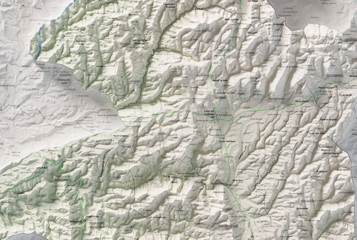Mapa de relleu del Moianès, amb el territori en color i l’entorn en blanc. Detall de la part central. 61 × 91 cm. Estil Cartogràfic.