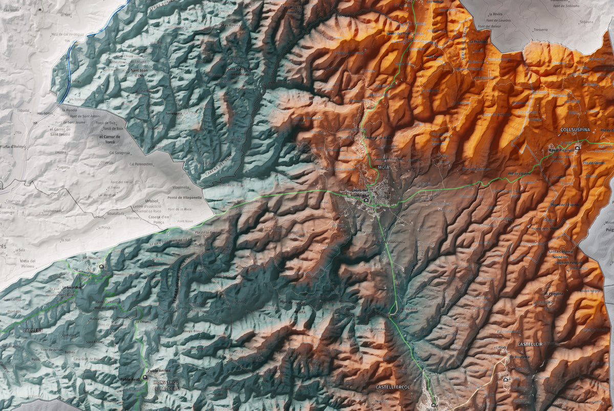 Mapa de relleu del Moianès, amb el territori en color i l’entorn en blanc. Detall de la part central. 61 × 91 cm. Estil Blau i taronja.