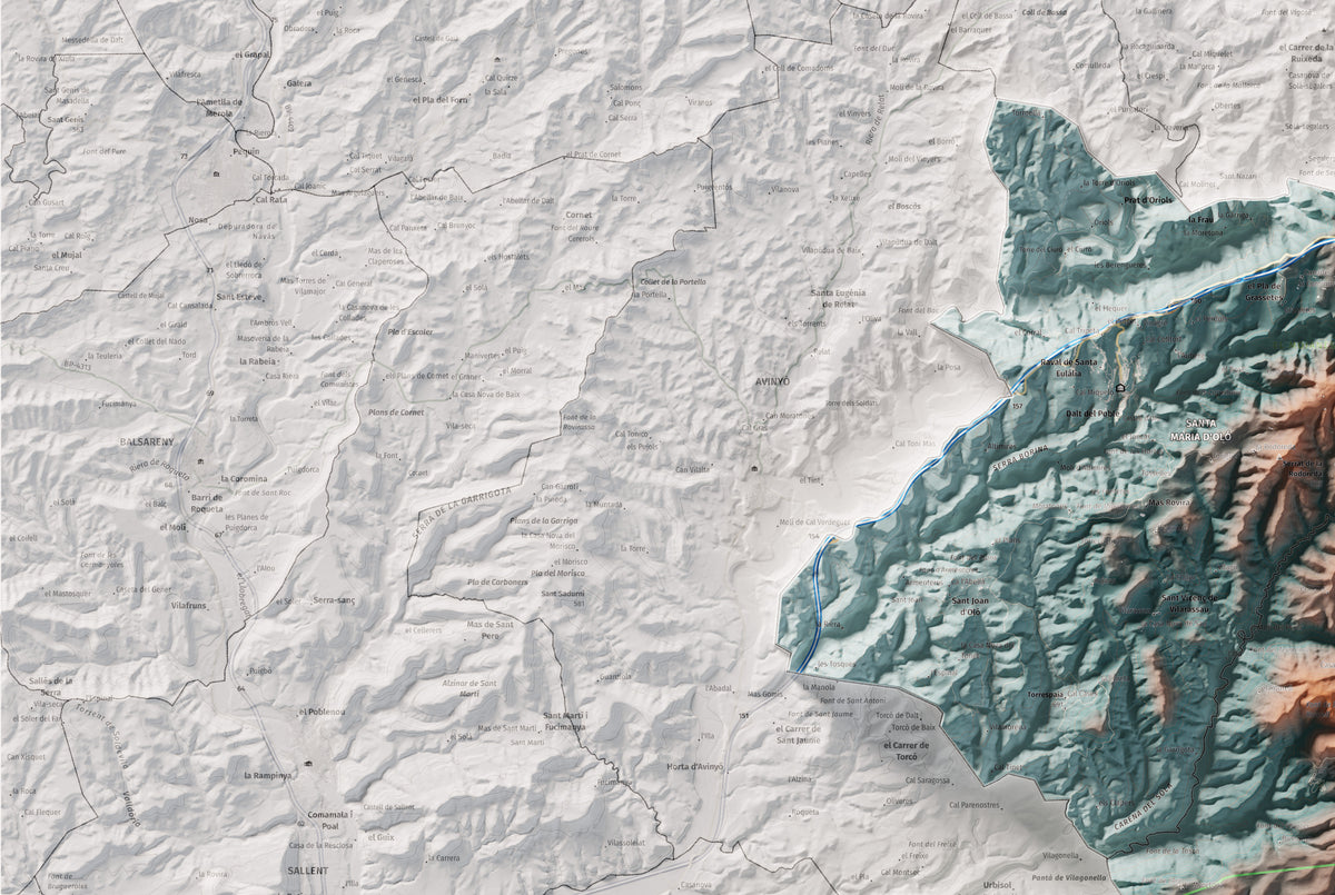 Mapa de relleu del Moianès, amb el territori en color i l’entorn en blanc. Detall de la part superior esquerra. 61 × 91 cm. Estil Blau i taronja.