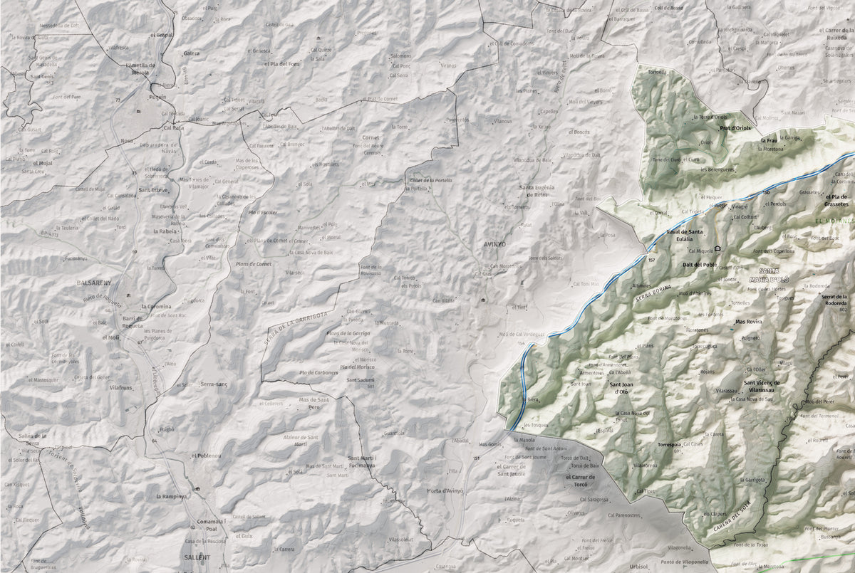 Mapa de relleu del Moianès, amb el territori en color i l’entorn en blanc. Detall de la part superior esquerra. 61 × 91 cm. Estil Cartogràfic.