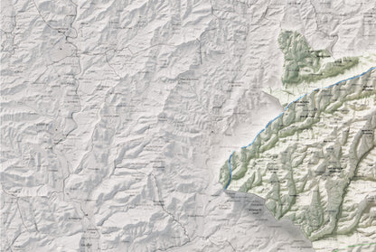 Mapa de relleu del Moianès, amb el territori en color i l’entorn en blanc. Detall de la part superior esquerra. 61 × 91 cm. Estil Cartogràfic.