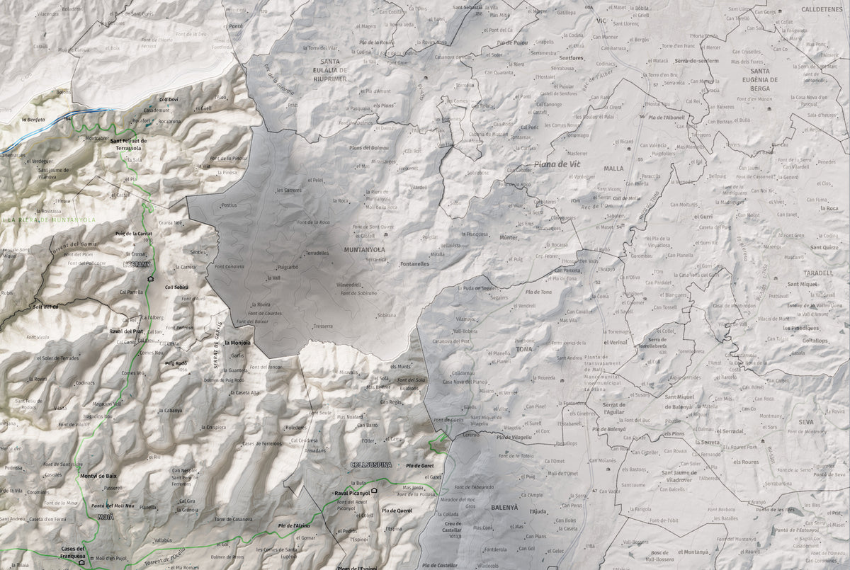 Mapa de relleu del Moianès, amb el territori en color i l’entorn en blanc. Detall de la part superior dreta. 61 × 91 cm. Estil Cartogràfic.