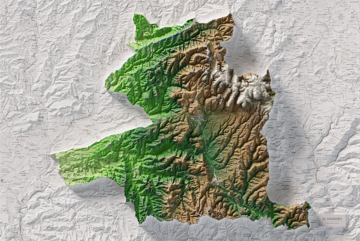 Mapa de relleu del Moianès, amb el territori en color i l’entorn en blanc. Vista completa de la làmina. 61 × 91 cm. Estil Clàssic.
