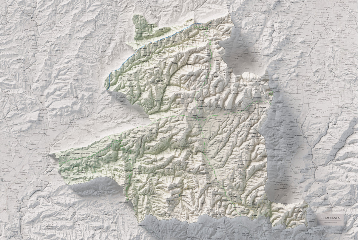 Mapa de relleu del Moianès, amb el territori en color i l’entorn en blanc. Vista completa de la làmina. 61 × 91 cm. Estil Cartogràfic.