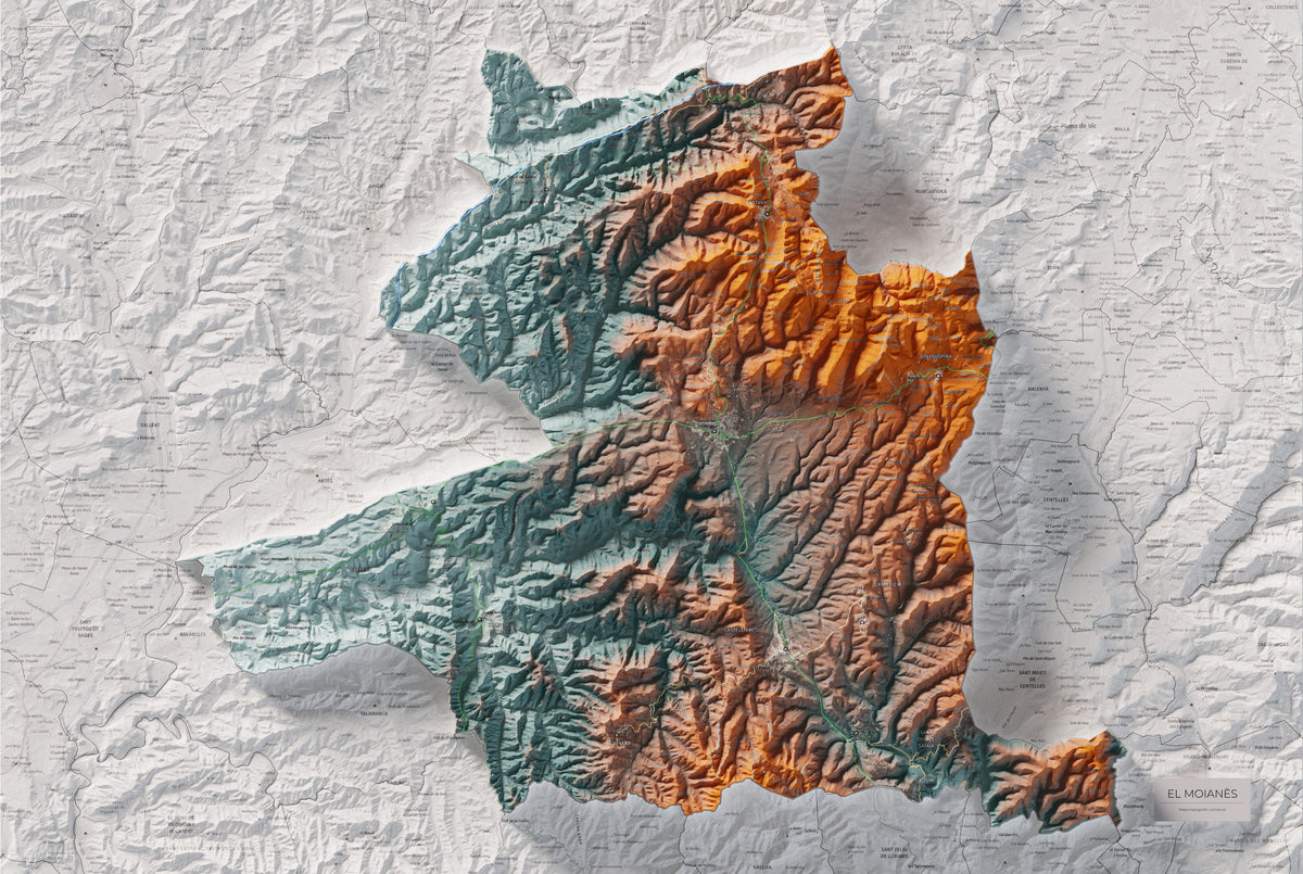 Mapa de relleu del Moianès, amb el territori en color i l’entorn en blanc. Vista completa de la làmina. 61 × 91 cm. Estil Blau i taronja.