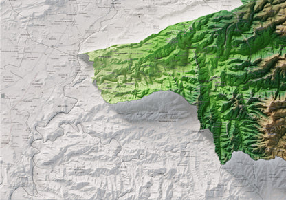 Mapa de relleu del Moianès, amb el territori en color i l’entorn en blanc. Detall de la part inferior esquerra. 70 × 100 cm. Estil Clàssic.