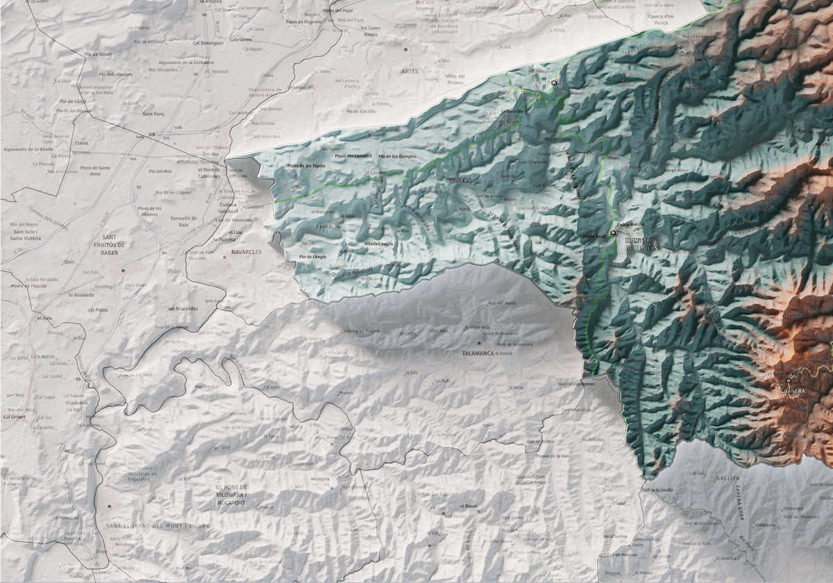 Mapa de relleu del Moianès, amb el territori en color i l’entorn en blanc. Detall de la part inferior esquerra. 70 × 100 cm. Estil Blau i taronja.