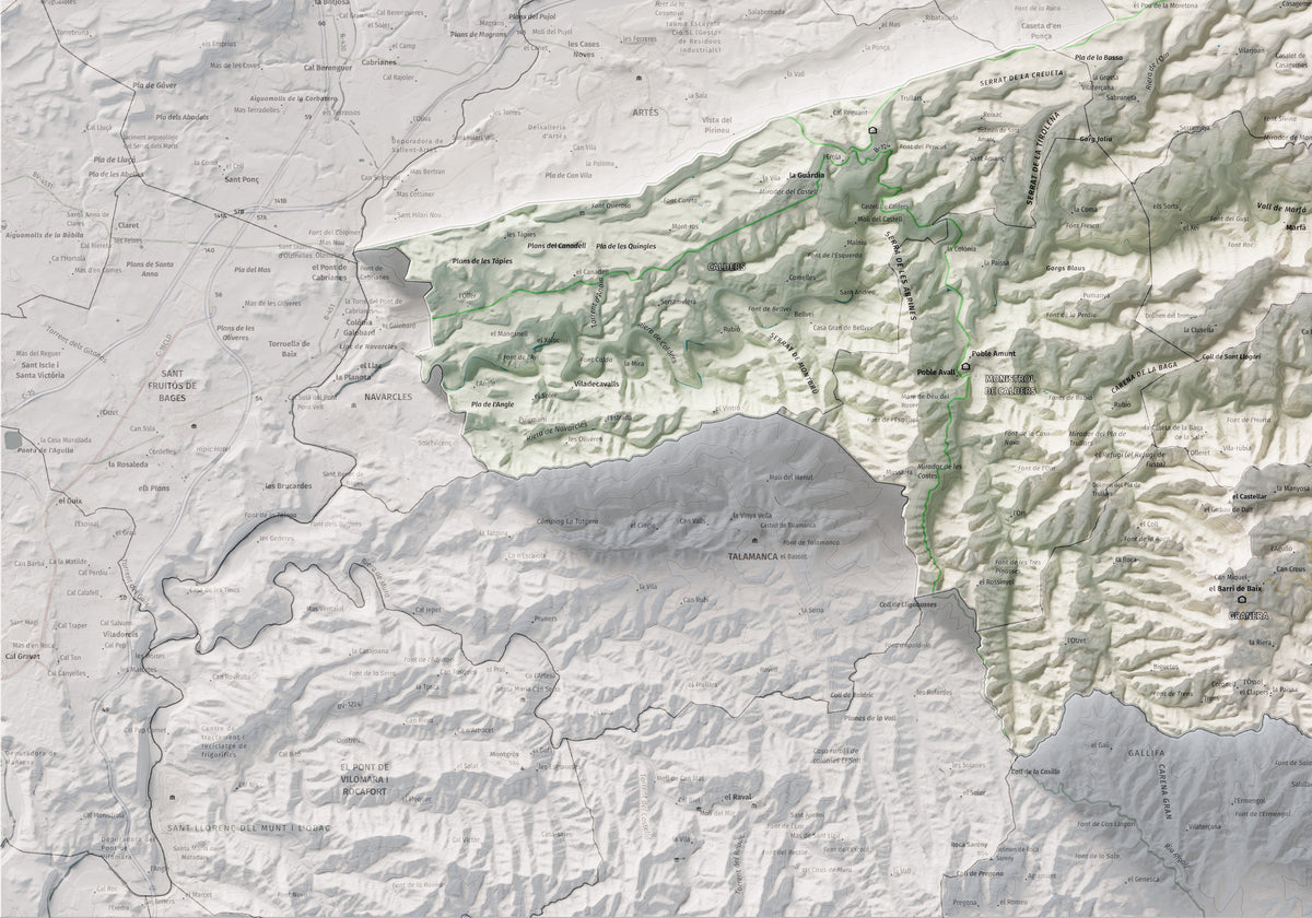 Mapa de relleu del Moianès, amb el territori en color i l’entorn en blanc. Detall de la part inferior esquerra. 70 × 100 cm. Estil Cartogràfic.