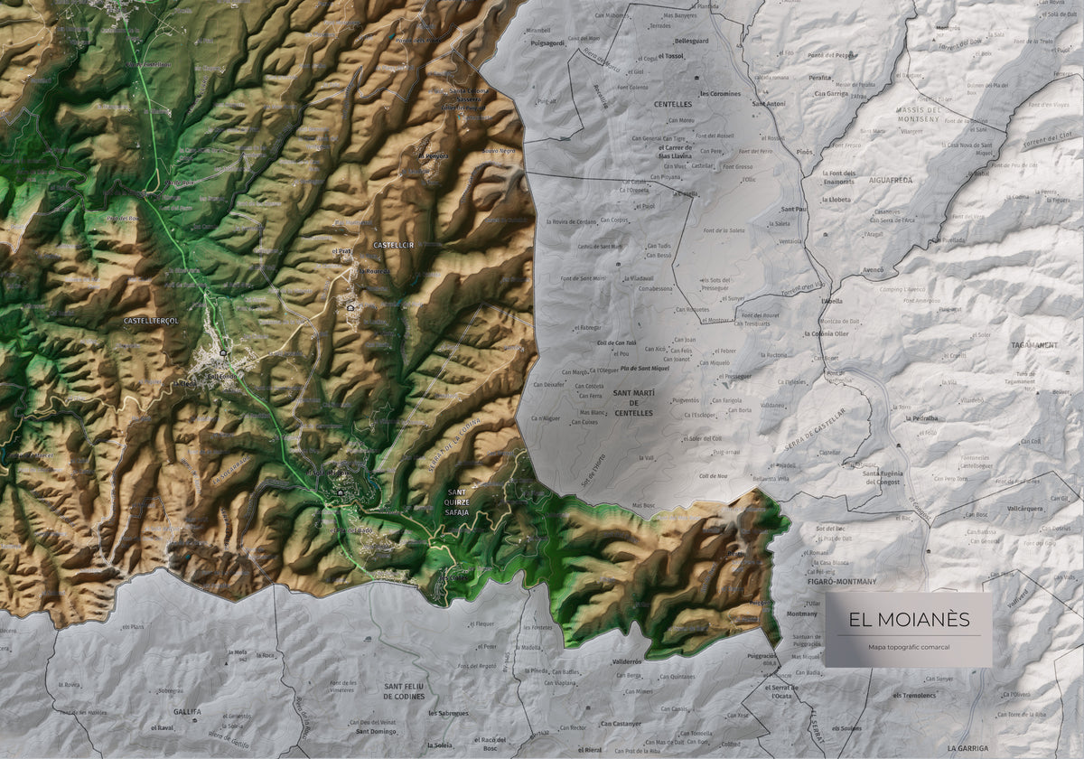 Mapa de relleu del Moianès, amb el territori en color i l’entorn en blanc. Detall de la part inferior dreta. 70 × 100 cm. Estil Clàssic.