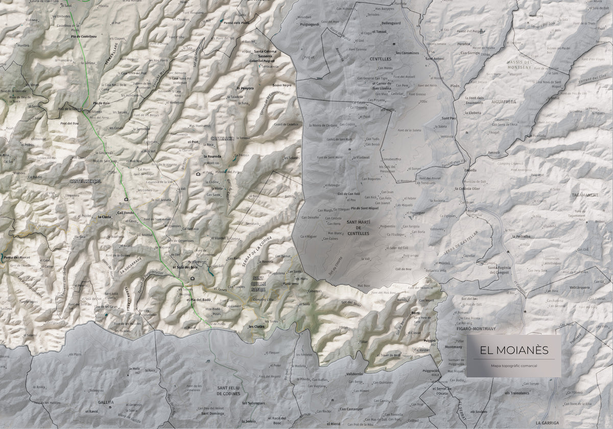 Mapa de relleu del Moianès, amb el territori en color i l’entorn en blanc. Detall de la part inferior dreta. 70 × 100 cm. Estil Cartogràfic.