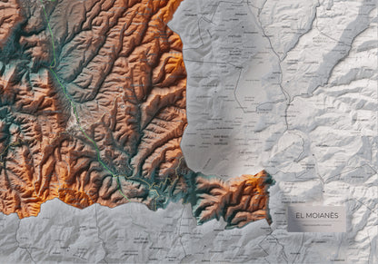 Mapa de relleu del Moianès, amb el territori en color i l’entorn en blanc. Detall de la part inferior dreta. 70 × 100 cm. Estil Blau i taronja.