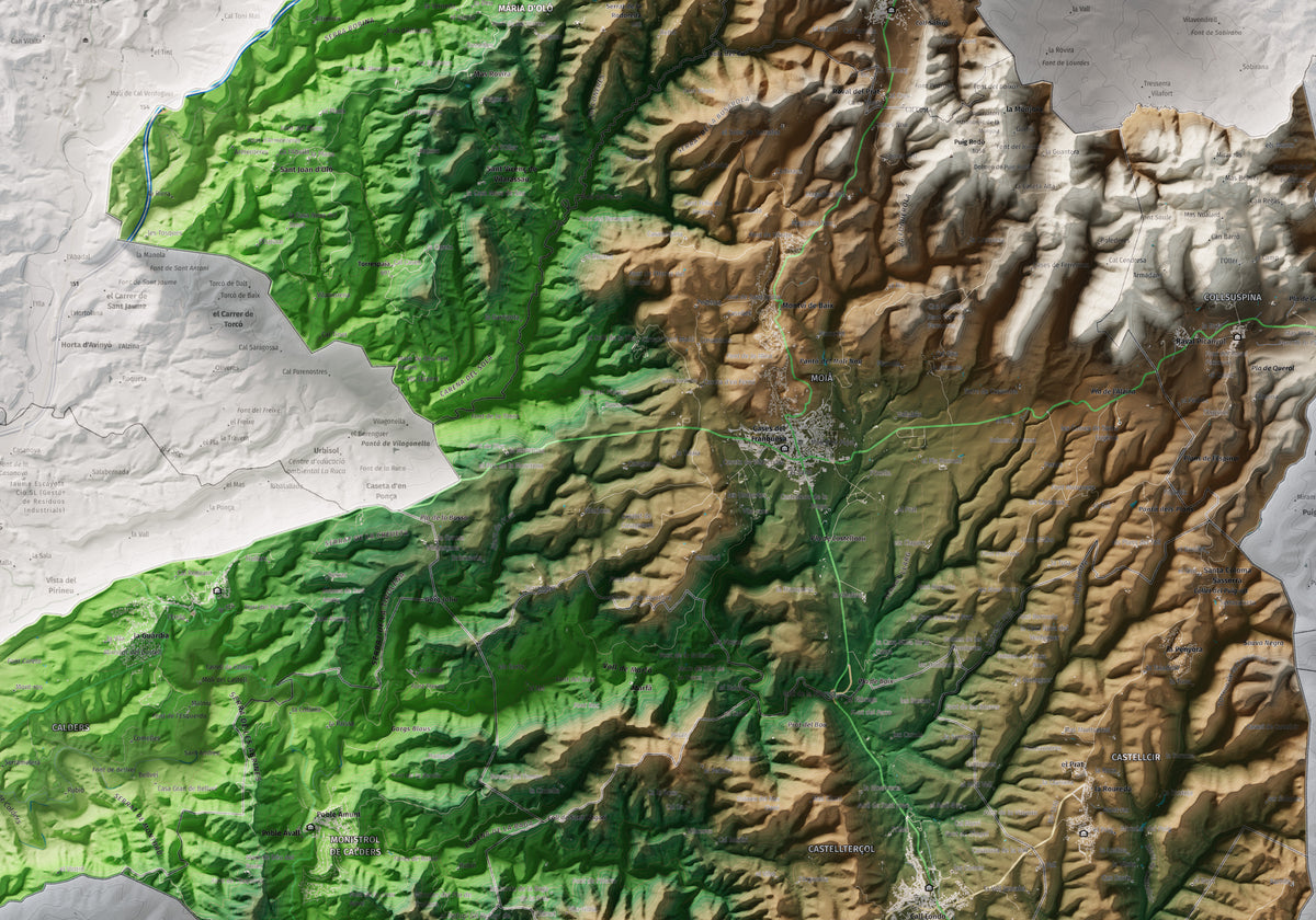 Mapa de relleu del Moianès, amb el territori en color i l’entorn en blanc. Detall de la part central. 70 × 100 cm. Estil Clàssic.