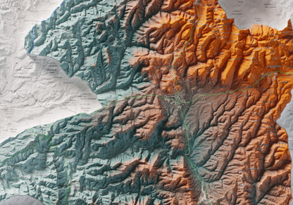 Mapa de relleu del Moianès, amb el territori en color i l’entorn en blanc. Detall de la part central. 70 × 100 cm. Estil Blau i taronja.