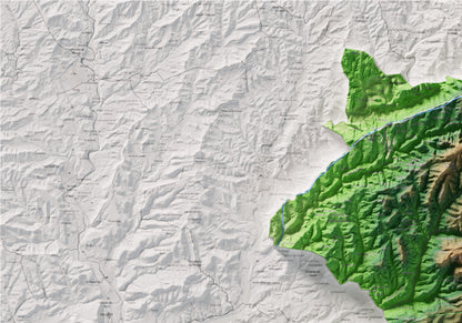 Mapa de relleu del Moianès, amb el territori en color i l’entorn en blanc. Detall de la part superior esquerra. 70 × 100 cm. Estil Clàssic.