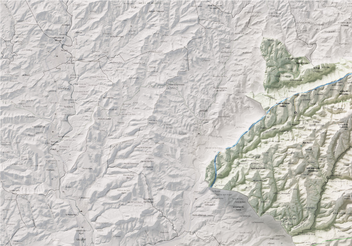 Mapa de relleu del Moianès, amb el territori en color i l’entorn en blanc. Detall de la part superior esquerra. 70 × 100 cm. Estil Cartogràfic.