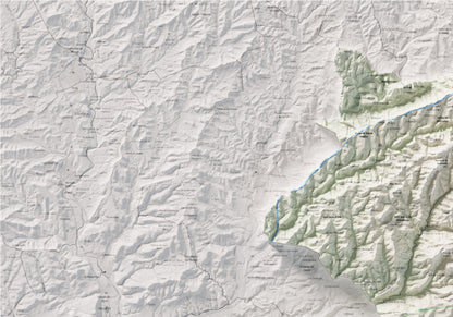 Mapa de relleu del Moianès, amb el territori en color i l’entorn en blanc. Detall de la part superior esquerra. 70 × 100 cm. Estil Cartogràfic.