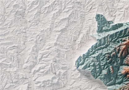 Mapa de relleu del Moianès, amb el territori en color i l’entorn en blanc. Detall de la part superior esquerra. 70 × 100 cm. Estil Blau i taronja.